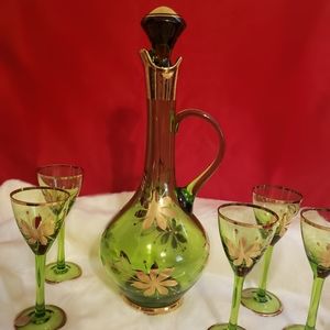 Vintage Romanian Crystal Wine Decanter and 5 cordi